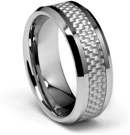 8mm White Carbon Fiber Inlay Men's Tungsten Wedding Band - Size 10