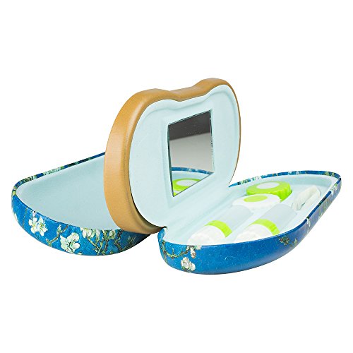 Dual Glasses and Contacts Case - Double Sided 2 in 1 Clamshell Hard Case for Eyeglasses and Contact Lenses with Mirror - Blue with Tree Print and Matte Finish - By OptiPlix