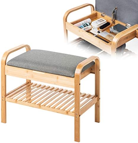 イーサプライ 玄関ベンチ 収納スツール 手すり 収納 棚 クッション スツール 椅子 ベンチ サポートチェア 竹製 幅60cm 耐荷重80kg Eex Ch84