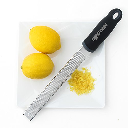 DRAGONN Citrus & Cheese Zester Grater Razor Sharp Stainless Steel Blade with Black Handle, Safety Cover and Rubber Footings - Dishwasher Safe