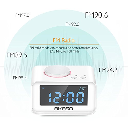 AKASO Alarm Clock, Radio Alarm Clock - USB Charging Alarm Clocks, Digital Alarm Clock for Bedroom with Snooze Function, 5 Dimmer Brightness, Thermometer Phone Charger with Dual Port USB, White - Thumbnail 3
