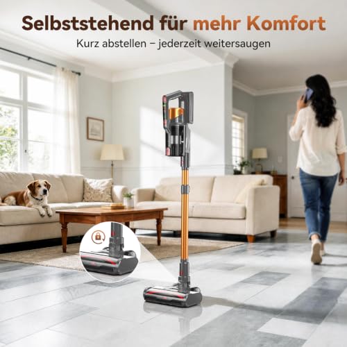 TechRise Akku Staubsauger,55KPa/650W/70Min Staubsauger Kabellos mit Selbststehend Laufzeit,LED-Display,Anti-Tangle-Bürste, 8-in-1-Filter,für Tierhaare,Mehrere Lademethoden,Teppich & Hartböden