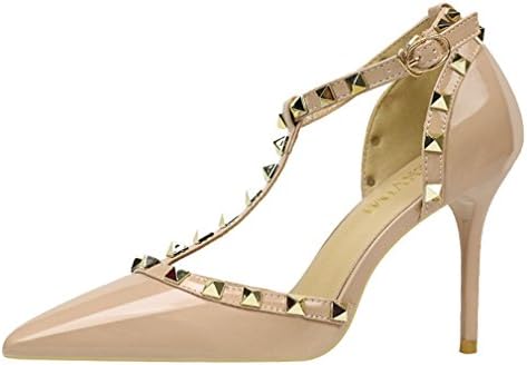 Xianshu Womens Pointed Toe Stiletto High Heel Shoes Rivet Ankle Strap Buckle Court Shoes Sandals