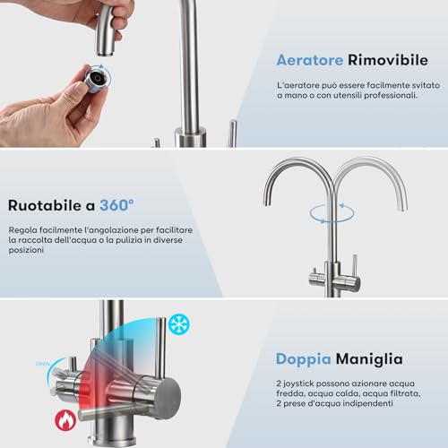 DETBOM 3 Way Kitchen Sink Tap for Osmosis Systems, 3 in 1 Double Lever Drinking Water, Hot and Cold, 360° Swivel, Stainless Steel, Brushed Silver