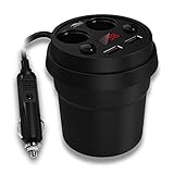 AMEIQ Car Charger, Cigarette Lighter Adapter Splitter Extender with 2-Socket Outlet Separate Switch 80W, 5V 3.1A Dual USB, Cup Holder, Digital Display Screen, 12/24V DC Input