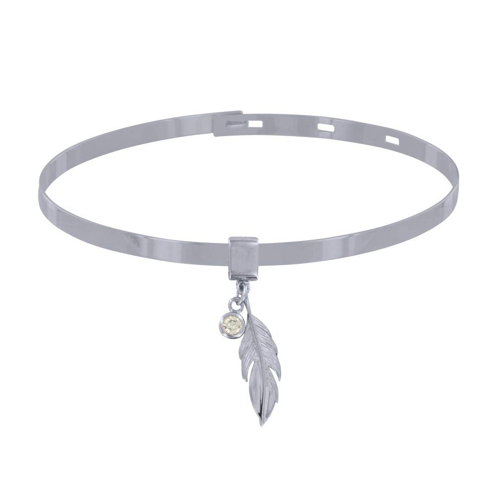 LES POULETTES BIJOUX - Rhodium 925 Silver Bracelet Flat Hook Closure Feather and Rhinestones Charms