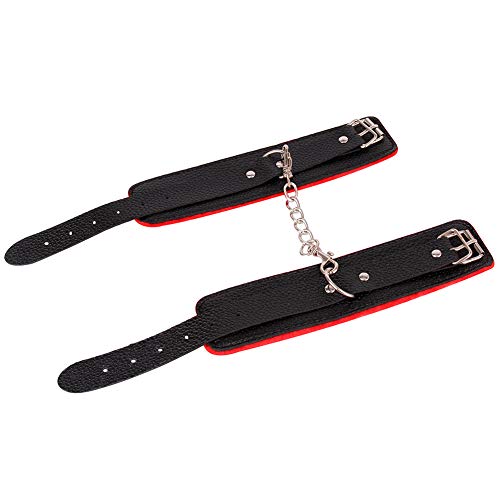 Handcuffs Furry Lined Handcuff Litchi Pattern Adjustable Plush PU Leather Cuffs Soft Wrist & Ankle Cuff-Black and Red