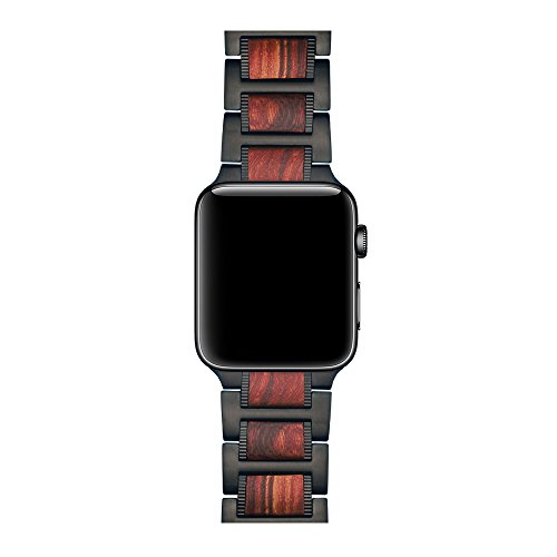 LDFAS Apple Watch Series 3 Band, 42mm Natural Wood Red Sandalwood Black Stainless Steel Metal Link Bracelet Strap for Apple Watch Series 3/2/1