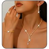 Fyvos Sparkling Rhinestone Tassels Earrings Necklace Ring Bracelet Set Elegant Crystal Earrings Necklace Bracelet Sets Bridal Wedding Prom Party Costume Jewelry for Women