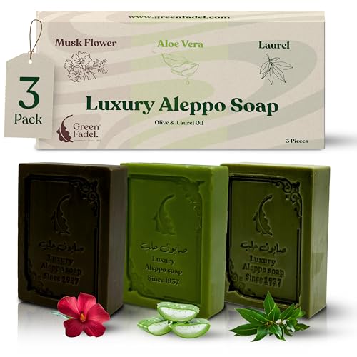 Green Fadel Aleppo Seife Luxury, 3Er Set Lorbeer, Aloe Vera, Moschus, Original Aleppo Seife Olivenöl &Amp; Lorbeeröl, Olivenölseife, Naturseife, Für Gesicht &Amp; Körper