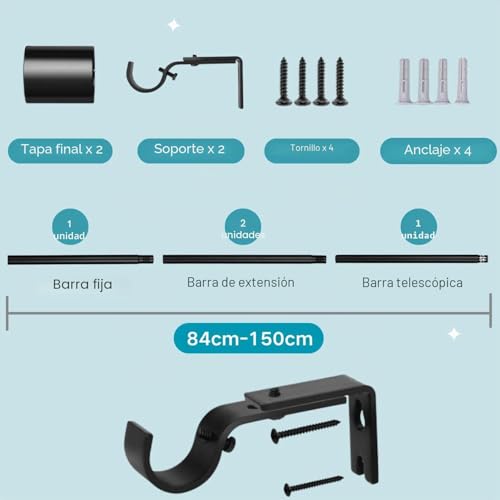 Extendable Curtain Rod for Curtains for Living Room Bedroom Kitchen 84-150 cm (Black Φ25 mm)