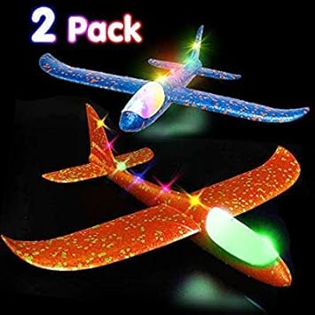Sage Square Large Hand Throwing LED Foam Plane, Dual Flight Mode, Aeroplane Gliders, Flying Aircraft, Gifts for Kids, Outdoor Sport Game Toys, Birthday Party Gifts (Pack of 2) (Assorted Color)