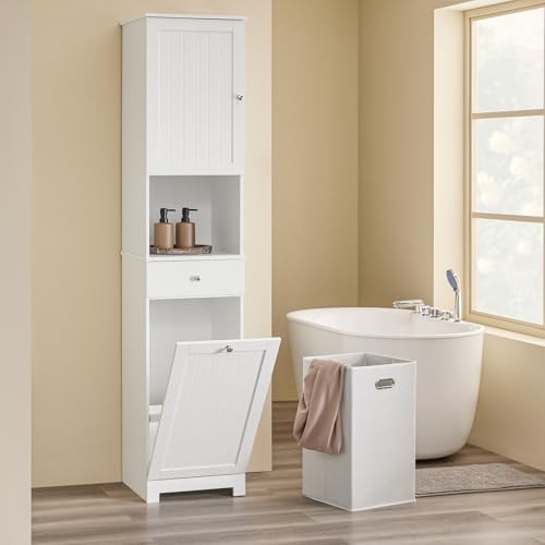 SoBuy Narrow Bathroom Storage Cabinet with Laundry Hamper, Slim Tall Freestanding Bathroom Cabinet with Drawer, Open Shelf & Adjustable Shelf, White BZR216-W
