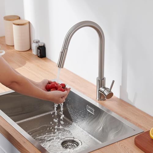 Lonheo Kitchen Sink Tap, Kitchen Mixer Tap with Pull-Out Hand, 2 Modes, Stainless Steel Kitchen Faucets 360° Swivel for Hot and Cold Water