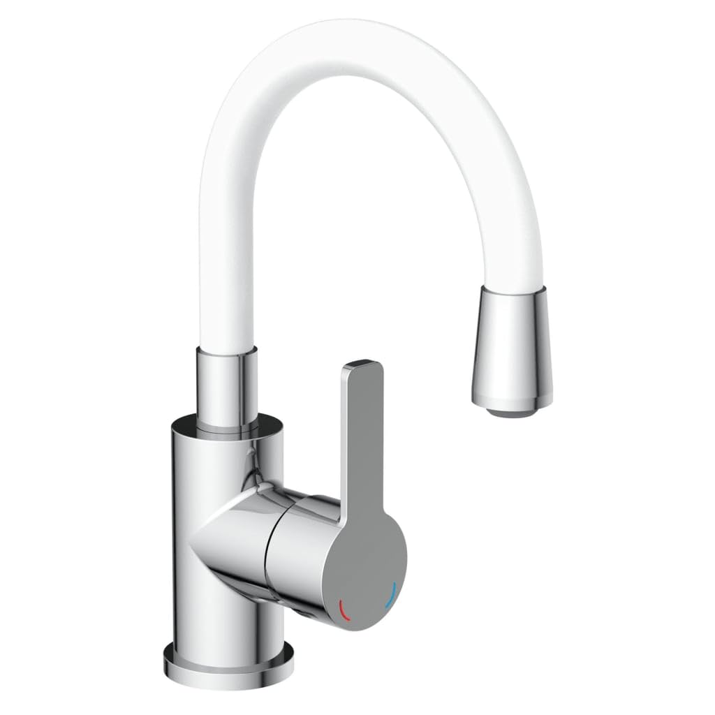 EISL Flexo NI075FLCRW Washbasin Tap Fitting with Flexible Spout Energy-Saving Function/Water-Saving Function Chrome/White