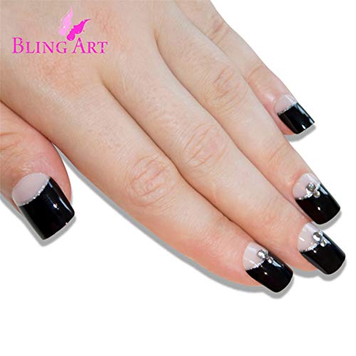 False Nails by Bling Art Black Glitter French Manicure Fake Medium Tips with Glue
