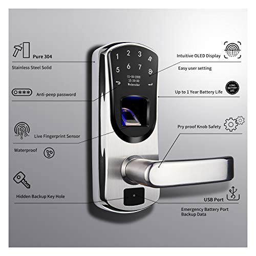 WeJupit V8 Keyless Entry Smart Door Lock, Fingerprint Stainless Steel Touchscreen with Electronic Keypads, Spare Key… - Image 3