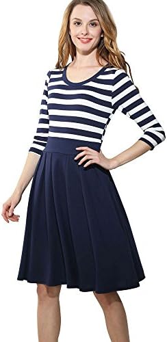 MISS RORA Women's Naval Stripe Scoop Neck Short 3/4 Long Sleeve Casual Swing Dresses