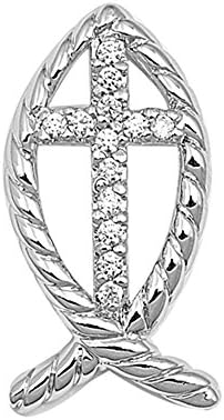 .925 Sterling Silver Braided Christian Fish Cross Pendant with Cubic Zirconia