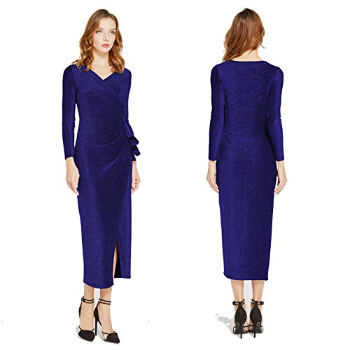 Aiyou Women\'s Long Sleeve Wrap Dresses - Sexy Glitter Ruched V Neck High Slit Maxi Dress Medium Blue