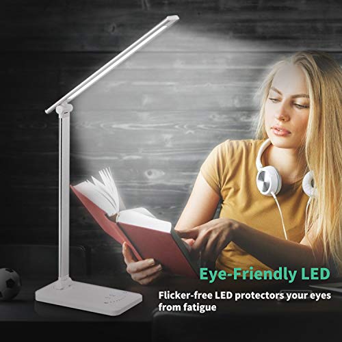 LED Desk Lamp - YIIMER Dimmable Office Desk Lamps with USB Charging Port, Eye-Caring Table Lamp with 5 Color Modes and 5 Brightness Levels, Touch/Timer/Memory Function Light for Reading, Working