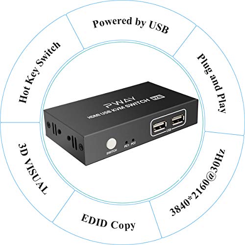 AAO 2X1 KVM Switch HDMI 4K 2 Port USB KVM Switch Box Supports Auto-scan, Hot-Key Switch for Netware, Dos, Linux, Unix and Windows 4K@30Hz with 2 Pcs 5ft USB Cables and HDMI Cables