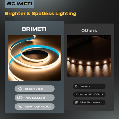 BRIMETI COB LED Strip 24 V 5 m LED Light Inner Tube Self-Adhesive 4000 K Natural White 320LEDs/M Strips Tape Width 8 mm for Kitchen, Living Room, Bar Parties (No Power Supply)