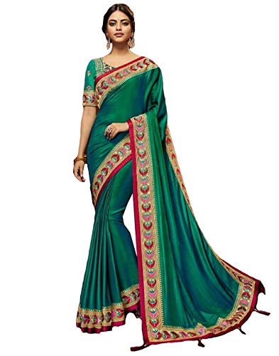DesiButik's Party Wear Ravishing Green Satin Silk Saree