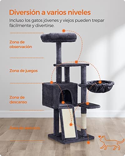 Árbol para Gatos Pequeños, 135 cm, Condominio para Gatos de Felpa de Varios Niveles, con Cubierta de Plataforma Extraíble y Lavable, Rascador, Cesta, Cueva, Gris Oscuro