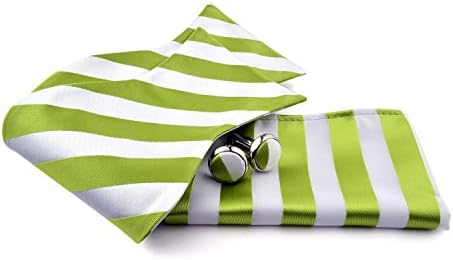 Uomo Vennetto Men's Apple Green and White College Striped Polyester Self Tie Bow Tie and Cufflinks