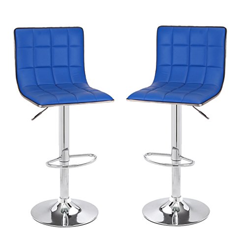 Asense Leather Hydraulic Adjustable Barstool Chair with Footrest & Chrome Metal Base (Set of 2) (Blue)