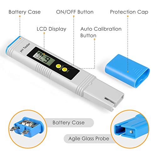 Digital PH Meter, Wellcows PH Meter 0.01 PH High Accuracy Water Quality Tester with 0-14 PH Measurement Range for Household Drinking, Pool and Aquarium Water PH Tester Design with ATC (2019-Blue)
