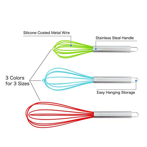Set of 3 Multi-Color Silicone whisks with stainless steel handles. Milk & Egg Beater Balloon Metal Whisk for Blending, Whisking, Beating and Stirring. Whisks for cooking by Dragonn. (Multi Color)