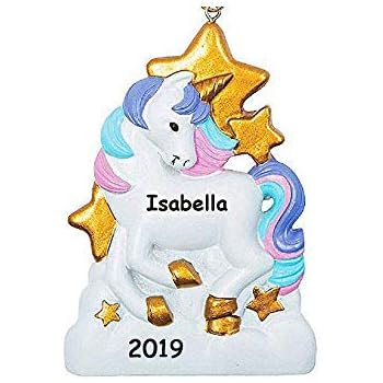 Personalized White Unicorn with Pink and Purple Hair Mane and Gold Stars Hanging Christmas Tree Ornament with Your Choice of Custom Name and Year