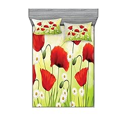 Ambesonne Poppy Flower Fitted Sheet & Pillow Sham