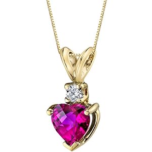 Peora Created Ruby with Genuine Diamond Pendant in 14 Karat Yellow Gold, Heart Shape Solitaire, 6mm, 1 Carat total