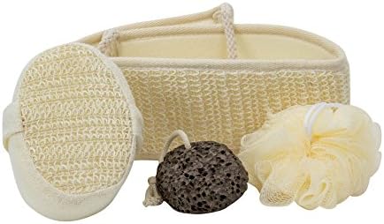 Premium Back Scrubber, Sponge, Mesh Pouf &amp; Lava Stone Included- Treats Your Skin With Care- AyaZen Complete Bath Exfoliating Set- 4 Pieces
