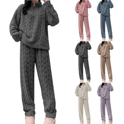 ladies pyjamas, Womens Fleece Pyjamas Sets Fluffy Soft Cozy 2 Pieces Pjs Set Quarter Zip Pullover Wide Leg Pants Winter Warm Plush Flannel Co Ord Set Ladies Loungewear Nightwear (2-Grey, One Size)