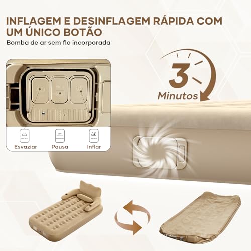 Trailabo Colchão Inflável com Encosto e Travesseiro, Bomba de ar Elétrica Recarregável Embutida - Marrom (Solteirão)