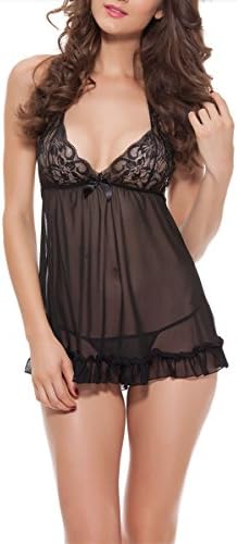 FashionShop365 Women Lingerie Halter Babydoll Dress Lace Sleepwear Mini Nightwear Black M