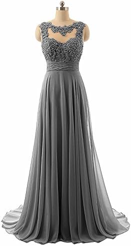 Xqmdress Women's Long Chiffon Prom Evening Dress with a Embroidered Lace Sheer Bodice