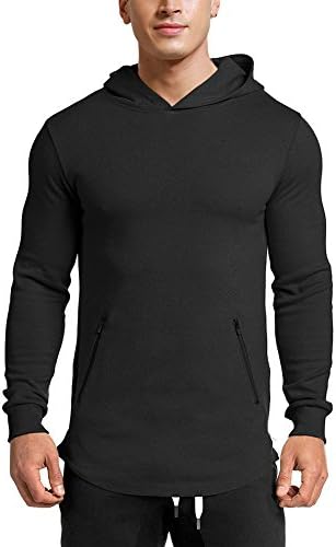 LANGCHEN Men's Gym Workout Hoodie Training Sports Pullover with Zipper Pockets Hoody Black Small