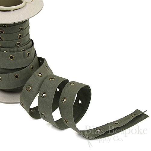 100% Cotton Eyelet Tape, Drab Green with Antique Brass Eyelets, Made in Italy, Sold by The Yard