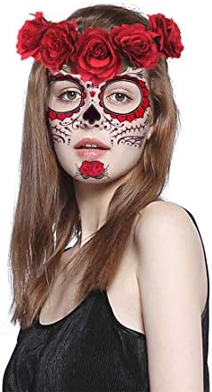 Silence Shopping Women's Day of The Dead Makeup, Halloween Temporary Face Tattoo Sugar Tattoos and Rose Flower Hair Garland Headband Set for Costume Cosplay Parties (Dark Red)