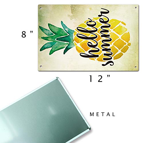 Agantree Art Hello Summer Pineapple Garden Yard Porch Metal Sign Outdoor Decorative Metal Plaque 12 x 8 Inch