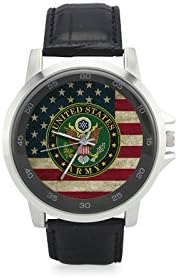 US Army WatchSpecial Design Military US Army Emblem and American Flag Custom Unisex Stainless Steel Leather Strap Watch Metal Case, Tempered Glass, Black Leather Band