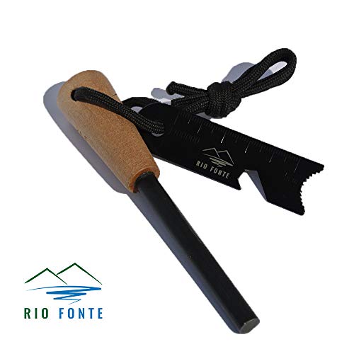 Rio Fonte Survival Fire Starter | 5-16″ Thick Bushcraft Ferro Steel Rod | Wood Handle | Signal Mirror | Paracord | Multi-Purpose Striker (Bottle Opener, Hexa Wrench, Ruler, Wood Scratcher) |