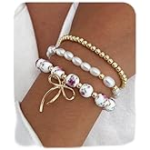 Gold Beads Bow Charm Bracelet for Women Dainty Flower Chain Stretch Bracelets Vintage Bow Ribbon Bracelet Layering Round Beads Pearl Link Bracelets Elegant Jewelry Gifts