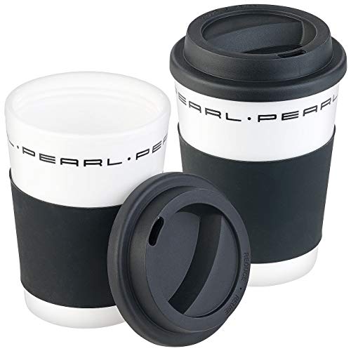 PEARL Kaffeebecher: 2er-Set Coffee-to-go-Becher mit Deckel, 350 ml, doppelwandig, BPA-f (Kaffee-to-Go-Becher, Isolierbecher mit Manschetten, Mikrowelle)