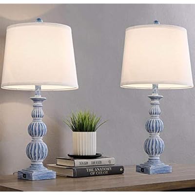 LOKHOM USB Table Lamp Set of 2, 26" Bedside Nightstand Lamp with Dual USB Ports, Antique Coastal Farmhouse Table Lamp for Bedroom Living Room Vintage Retro Rustic Resin Classic Blue Bedside Desk Lamps 416g9kZIx9L